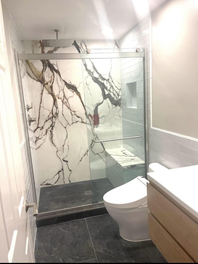 contemporary shower with marble
